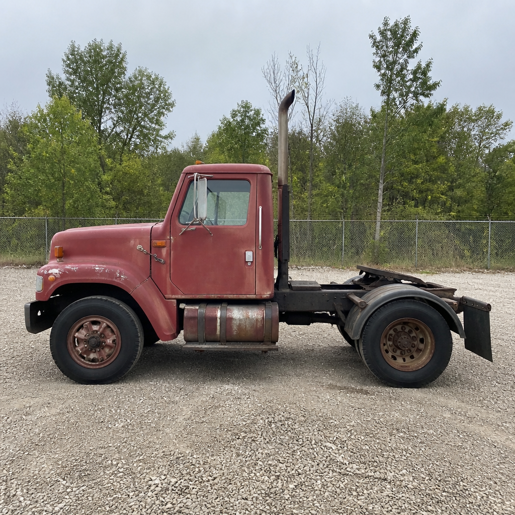 Small rusty red single-axle tractor on a gravel lot